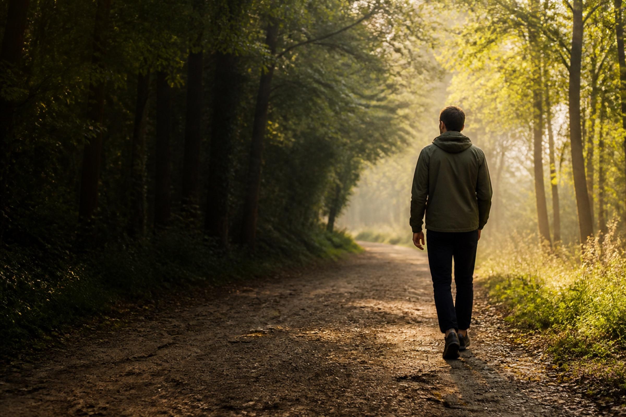 A person walking a sunlit forest path at dawn
